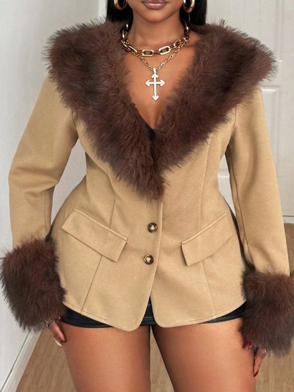 Khaki Elegant Women's Slim Fit Shawl Collar Single Breasted Overcoat